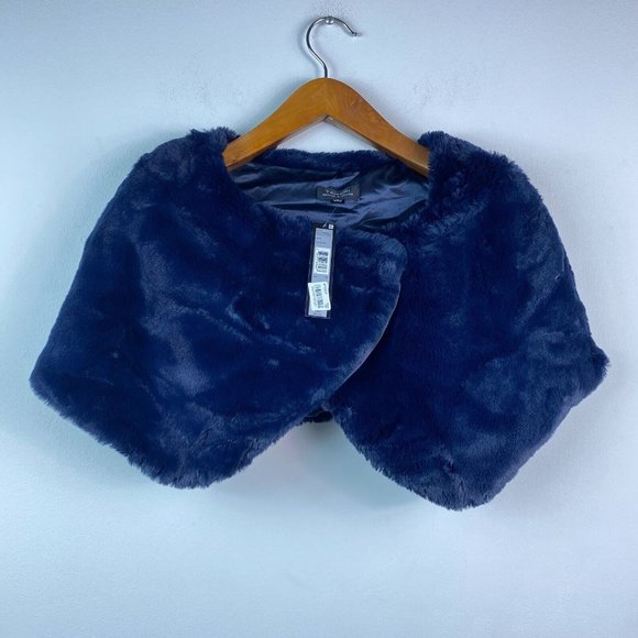 Tahari ASL Womens Medium Navy Faux Fur Lined Capelet Shrug Missing Button AT82 - Picture 2 of 7
